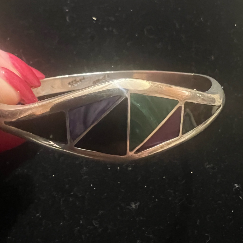 925 Sterling Silver Mexico Mulit Gemstone Inlay Bracelet. Heavy Nice